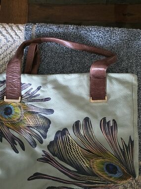 Elliott Lucca Mint Peacock Feather Tote with Brown Handles. 100% Leather